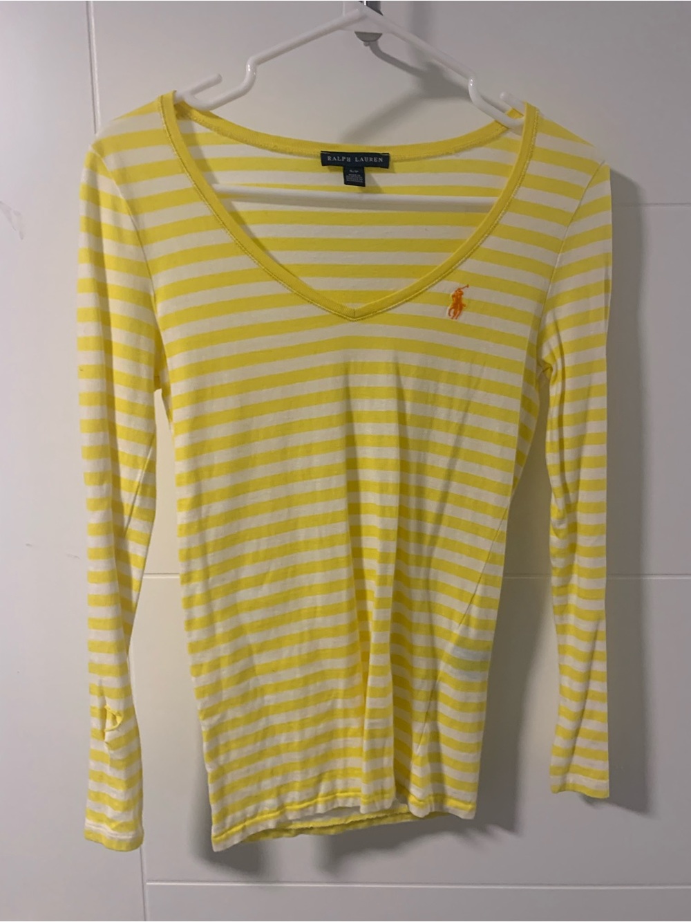 Ralph Lauren Yellow Stripe V-Neck Long-Sleeve Top A16